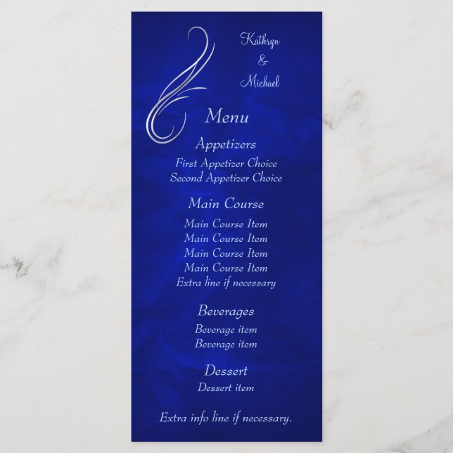 Silver Swirl Bright Blue Bröllop Menu Meny (Framsida)