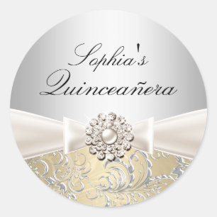 Silver Swirl & Jewel Bow Quinceanera-dekal Runt Klistermärke