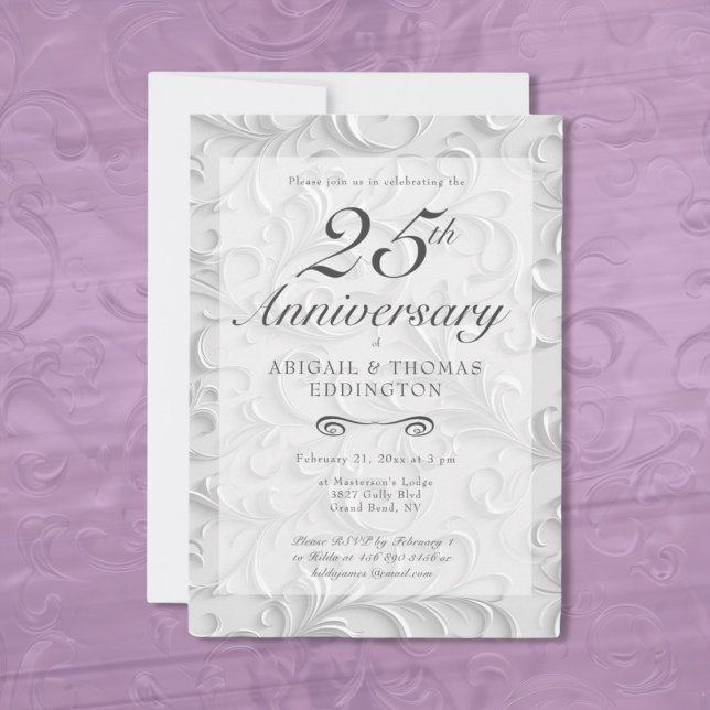 Silver Swirls 25:e Bröllop-årsinbjudan Inbjudningar (Silver Swirls (Damask) 25th Wedding Anniversary Invitation)