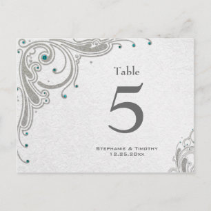 Silver swirls + aqua jewels bröllop bordsnummer