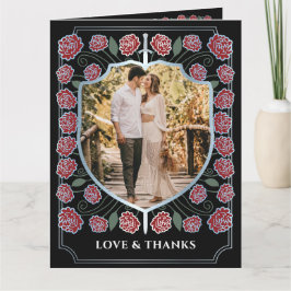 Silver Sword Shield Fantasy Monogram Bröllop Tack Kort