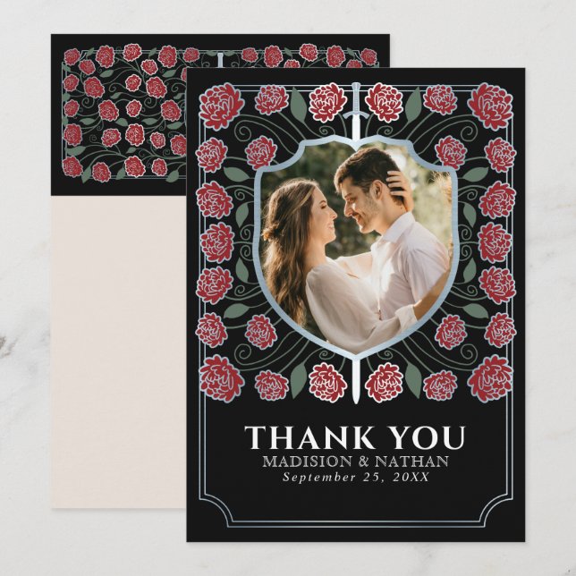 Silver Sword Shield Medieval Fantasy Bröllop Tack Kort (Fram/baksida)