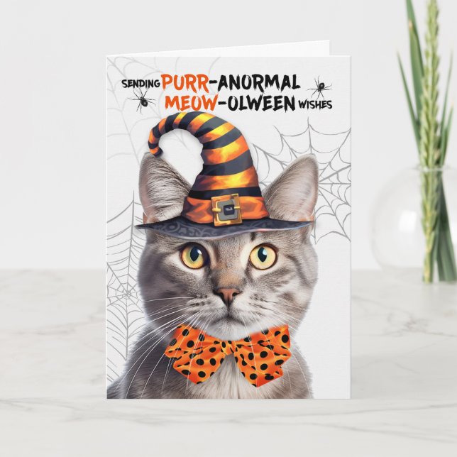 Silver Tabby Halloween Cat PURRanormal MEOWolween Helgkort (Framsida)