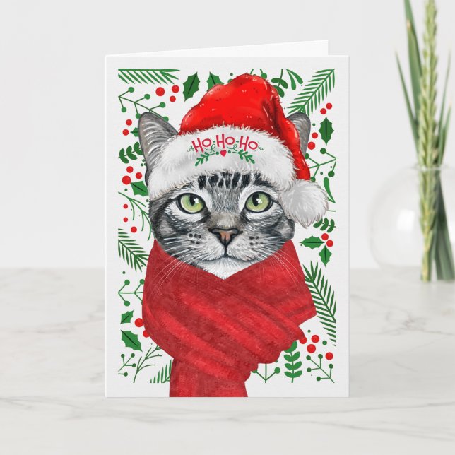 Silver Tabby katt i jultomten Hat Meowy jul Helgkort (Framsida)