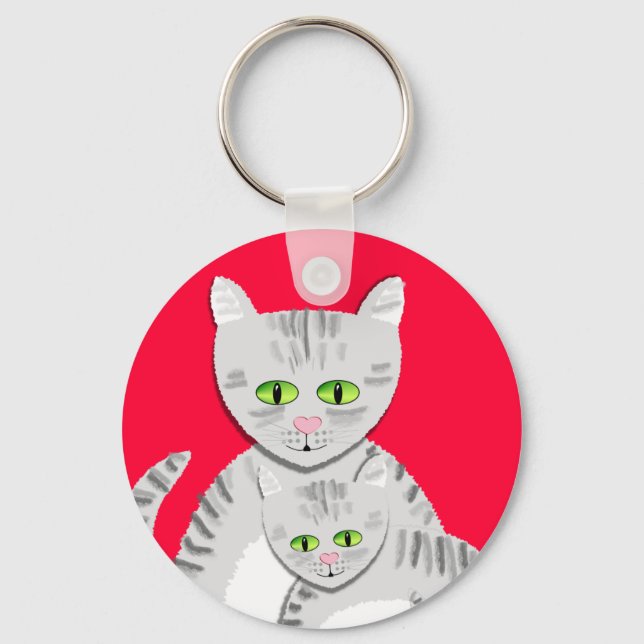 Silver Tabby Mor Cat och Kitten Nyckelring (Framsida)