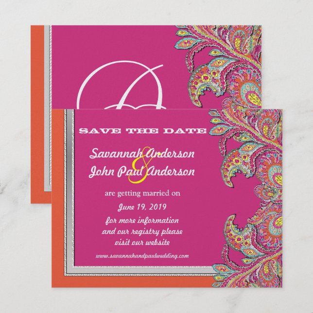 Silver Tangerine & Fuchsia Bröllop Save the Date Inbjudningar (Fram/baksida)