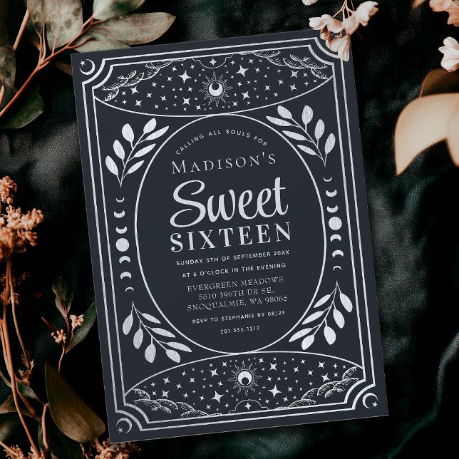 Silver Tarot Witchy Sweet 16 Födelsedagsfester Inbjudningar (Skapare uppladdad)