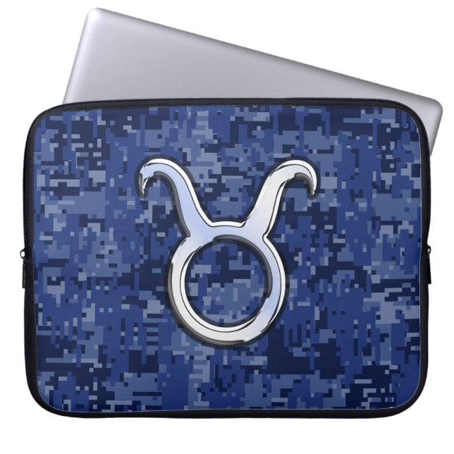 Silver Taurus Zodiac Sign Navy Blue Digital Camo Laptop Fodral (Framsidan)