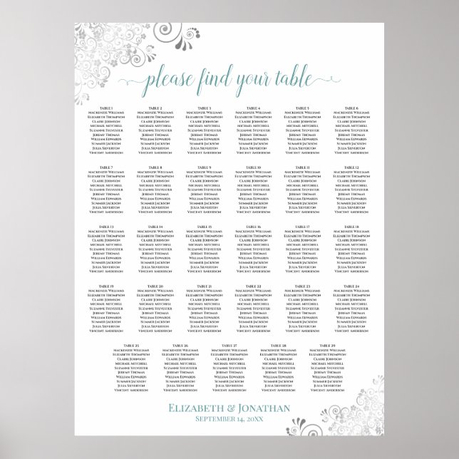 Silver & Teal 29 Bord Vit Bröllopsplatskarta Poster (Framsidan)