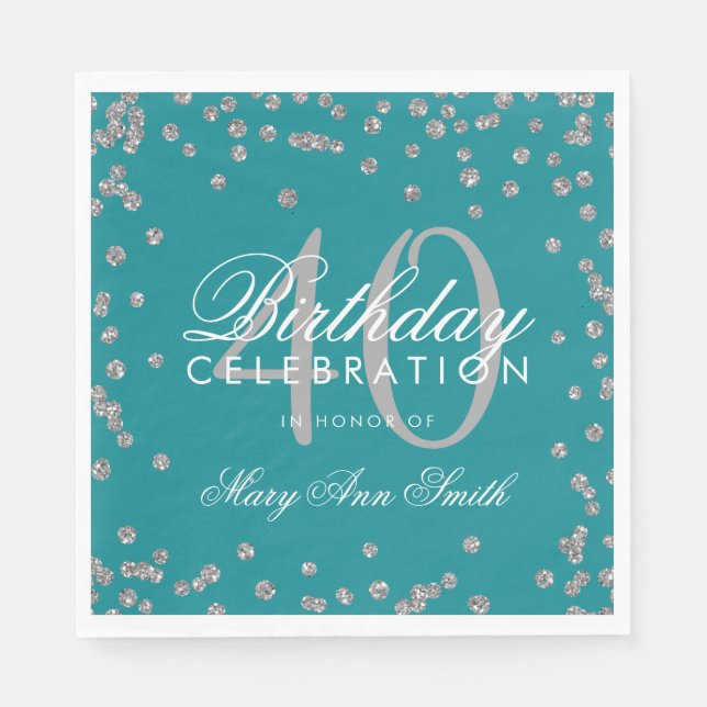 Silver Teal 40:e födelsedagen Glitter Confetti Pappersservett (Framsidan)