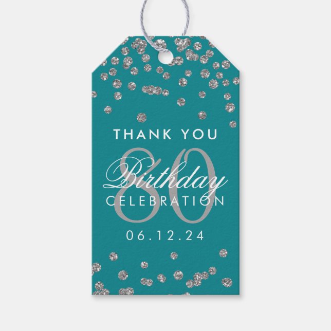 Silver Teal 80 Birthday Tack Glitter Presentetikett (Framsidan)