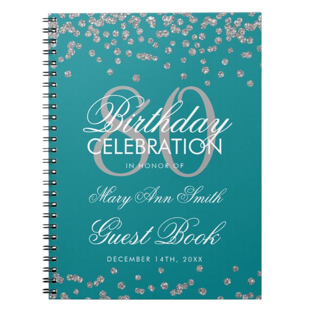Silver Teal 80:e födelsedagsgästen Bok Confetti Anteckningsbok (Framsidan)