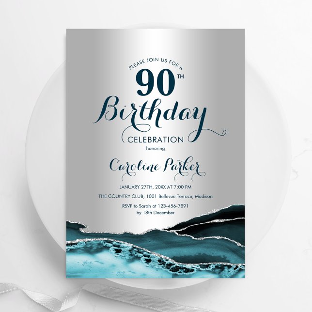 Silver Teal Agate 90:e Birthday Inbjudningar (Skapare uppladdad)