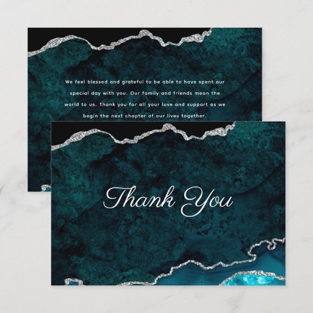 Silver Teal Agate Bröllop Tack Kort (Fram/baksida)