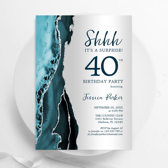 Silver Teal Agate Surprise 40:e födelsedagen Inbjudningar (Skapare uppladdad)