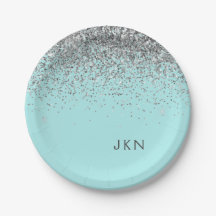 Silver Teal Aqua Blå Tjej Glitter Monogram
