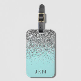 Silver Teal Aqua Blå Tjej Glitter Monogram Bagagebricka