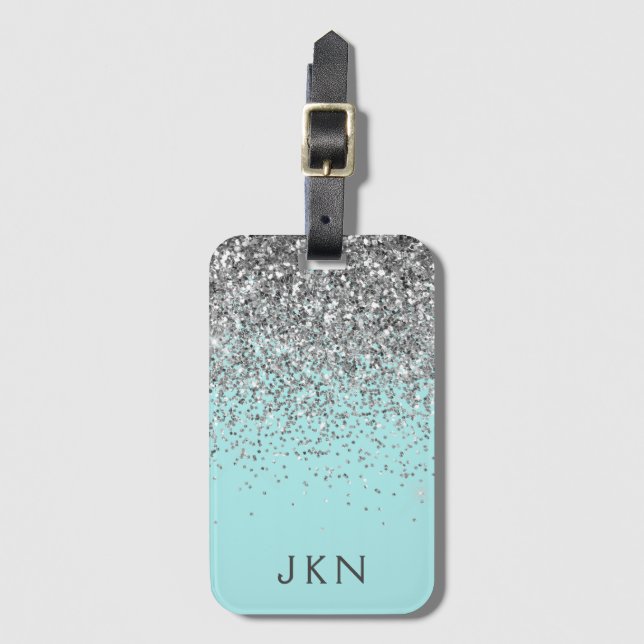 Silver Teal Aqua Blå Tjej Glitter Monogram Bagagebricka (Framsida vertikal)