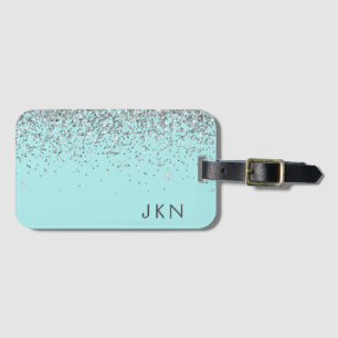 Silver Teal Aqua Blå Tjej Glitter Monogram Bagagebricka