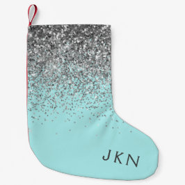 Silver Teal Aqua Blue Girly Glitter Monogram Liten Julstrumpa