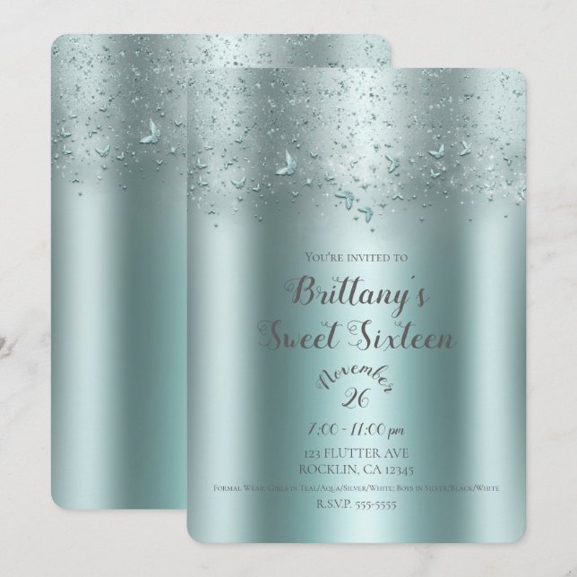 Silver Teal Aqua Flutter Butterfly Sweet 16 Party Inbjudningar (Fram/baksida)