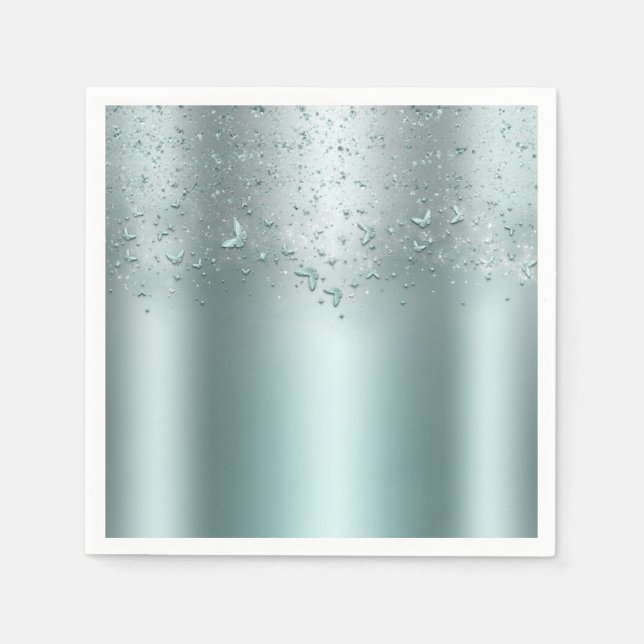 Silver Teal Aqua Flutter Fjäril Sweet 16 Fest Pappersservett (Framsidan)
