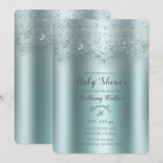 Silver Teal Aqua Flutter Fjärils Baby Shower Inbjudningar (Fram/baksida)