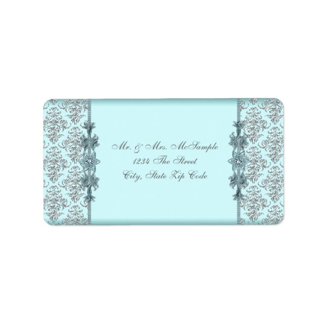 Silver Teal Blå Damask Adressetiketter (Framsidan)