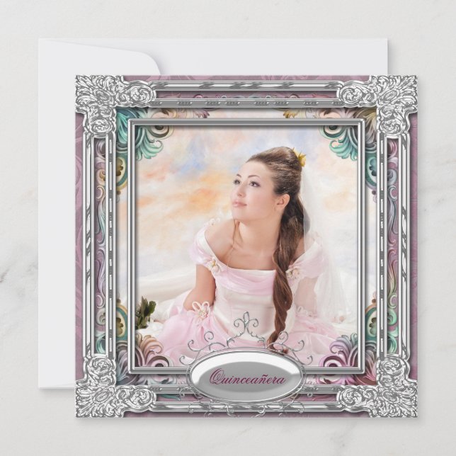 Silver Teal Blå Korall Rosa Foto Quinceanera Inbjudningar (Framsida)