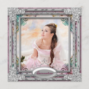 Silver Teal Blå Korall Rosa Foto Quinceanera Inbjudningar