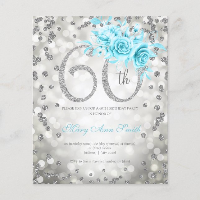 Silver Teal Blommigt 60 Birthday Ljus bjudande Flygblad (Framsidan)