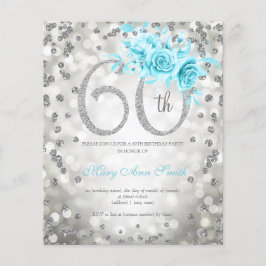 Silver Teal Blommigt 60 Birthday Ljus bjudande Flygblad