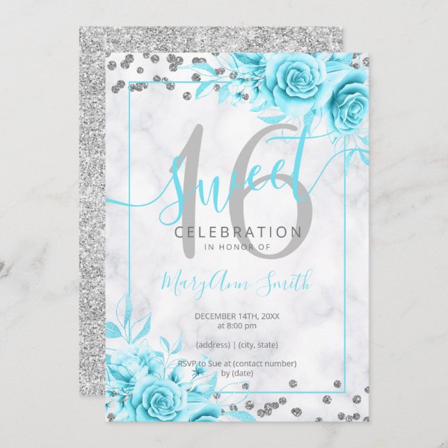 Silver Teal Blommigt Sweet 16 Marble Glitter   Inbjudningar (Fram/baksida)