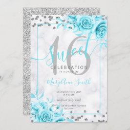 Silver Teal Blommigt Sweet 16 Marble Glitter   Inbjudningar