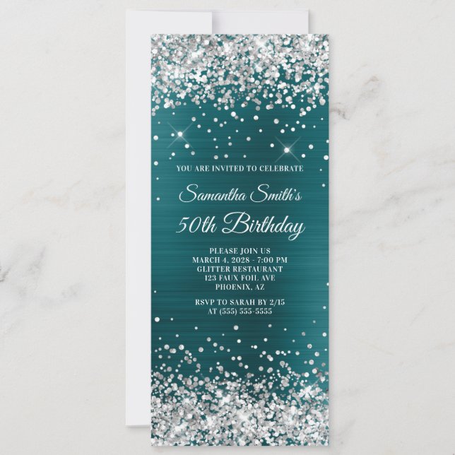 Silver Teal Blue Foil 50:e födelsedagen Inbjudningar (Framsida)