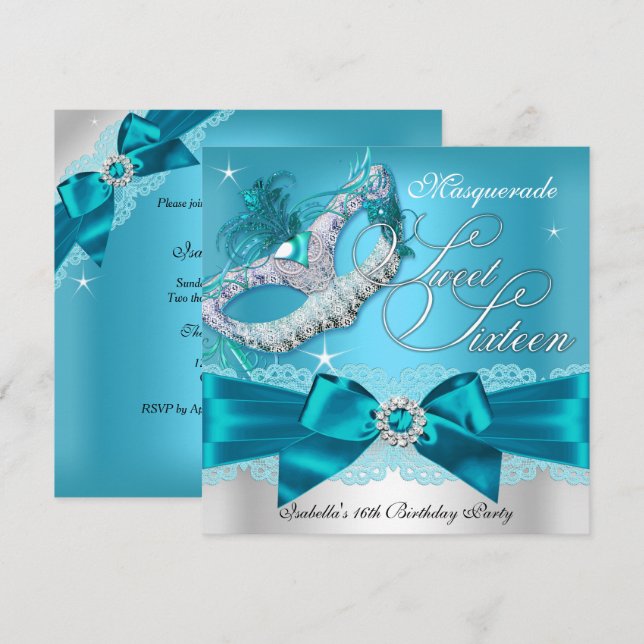 Silver Teal Bow Masquerad Sweet sixteen Inbjudningar (Fram/baksida)