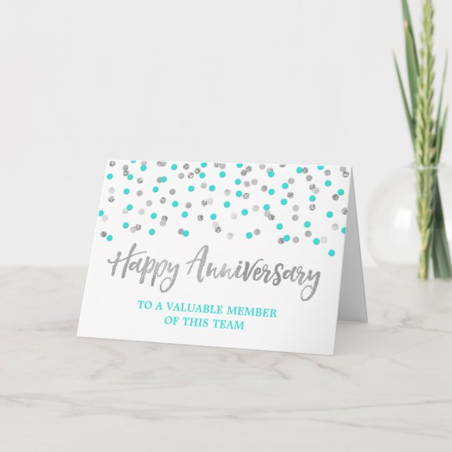 Silver Teal Confetti Employee-årsjubileum Card Kort (Framsida)