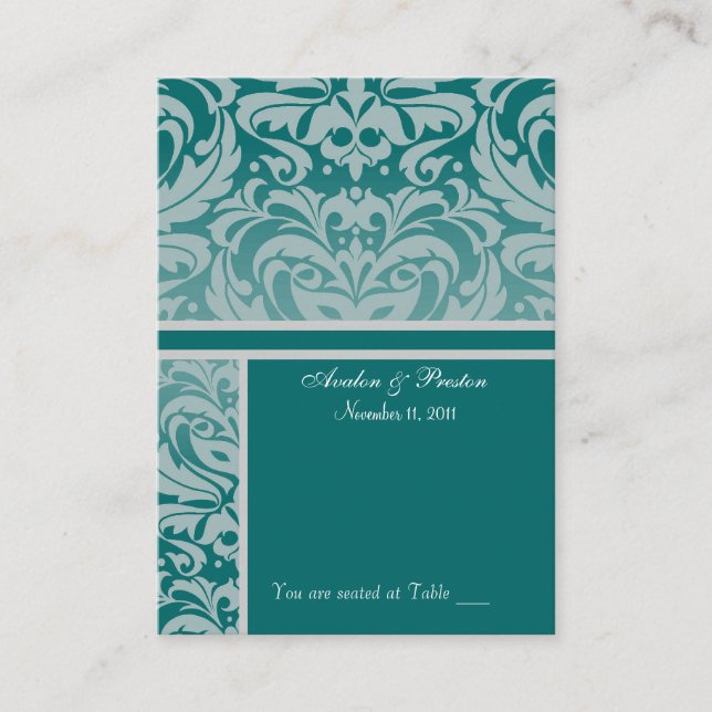 Silver & Teal Damask Bord-Affärskort Placeringskort (Framsida)