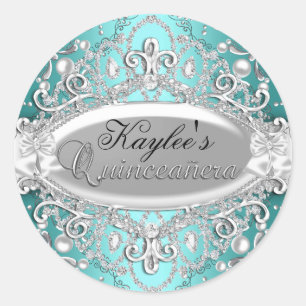 Silver & Teal Damask Pärl Quinceanera Klistermärke