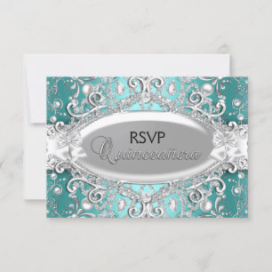 Silver Teal Damask Pärl Quinceanera RSVP OSA Kort