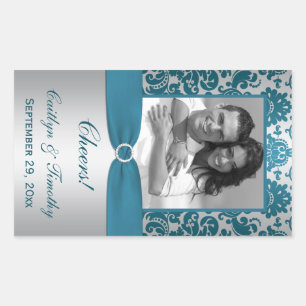 Silver.Teal Damask Photo Vin-etikett Rektangulärt Klistermärke
