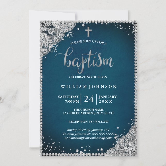 Silver Teal Diamond Lace Cross Dopningsinbjudan Inbjudningar (Framsida)