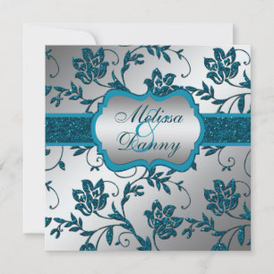 Silver Teal FAUX Glitter Blommigt Förlovningsfest Inbjudningar