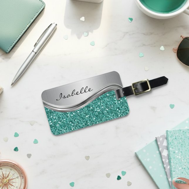 Silver Teal Faux Glitter Glam Personlig Metall Bagagebricka (Skapare uppladdad)