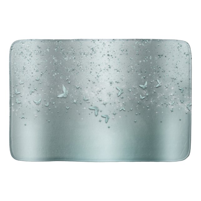 Silver Teal Glimmer Glittrar Fladdrar Fjäril Badrumsmatta (Framsidan)