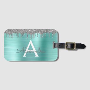 Silver Teal Glitter Borstad Metall Monogram Namn Bagagebricka