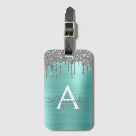 Silver Teal Glitter Borstad Metall Monogram Namn Bagagebricka