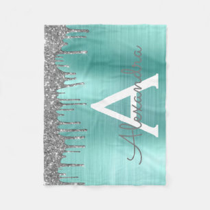 Silver Teal Glitter Borstad Metall Monogram Namn Fleecefilt