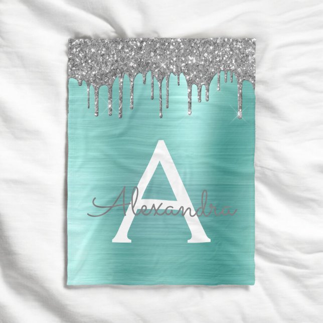 Silver Teal Glitter Borstad Metall Monogram Namn Fleecefilt (Skapare uppladdad)