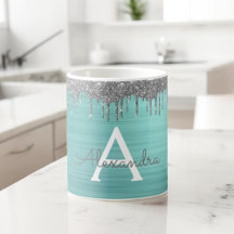 Silver Teal Glitter Borstad Metall Monogram Namn